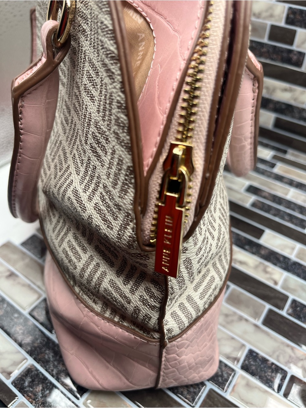Anne Klein Pink Patterned Dome Satchel with Croc Trim - Picture 5 of 9